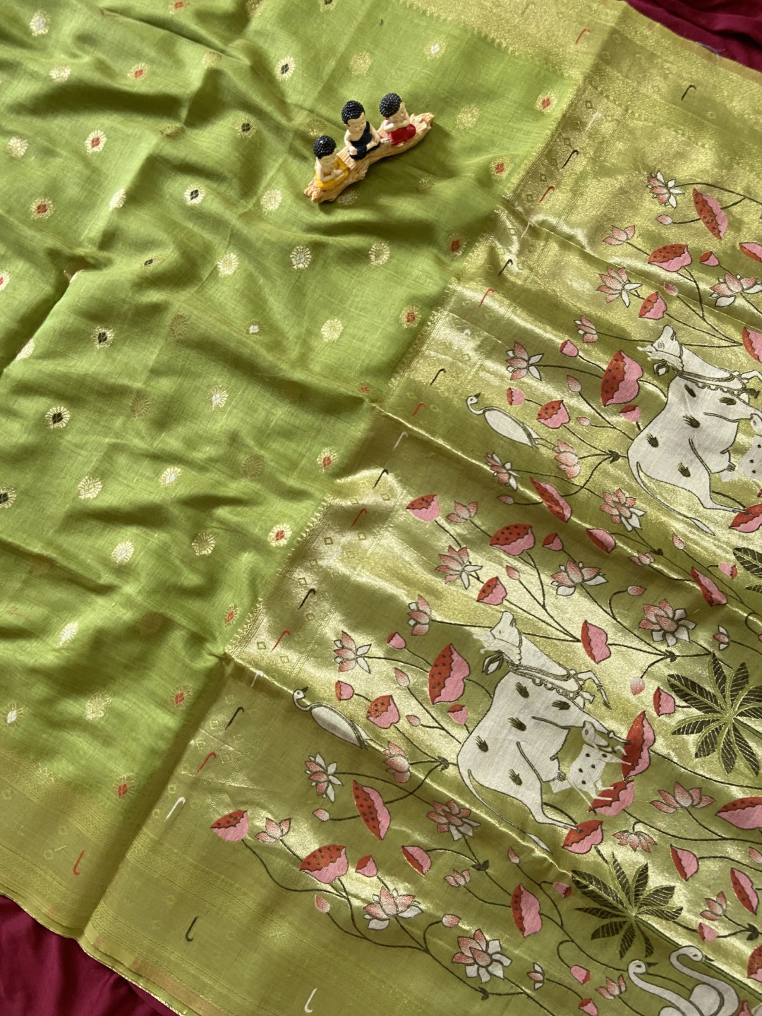 Premium Green Muga Cotton Paithani Saree with Pichwai Zari Weaving Pallu - Image 3