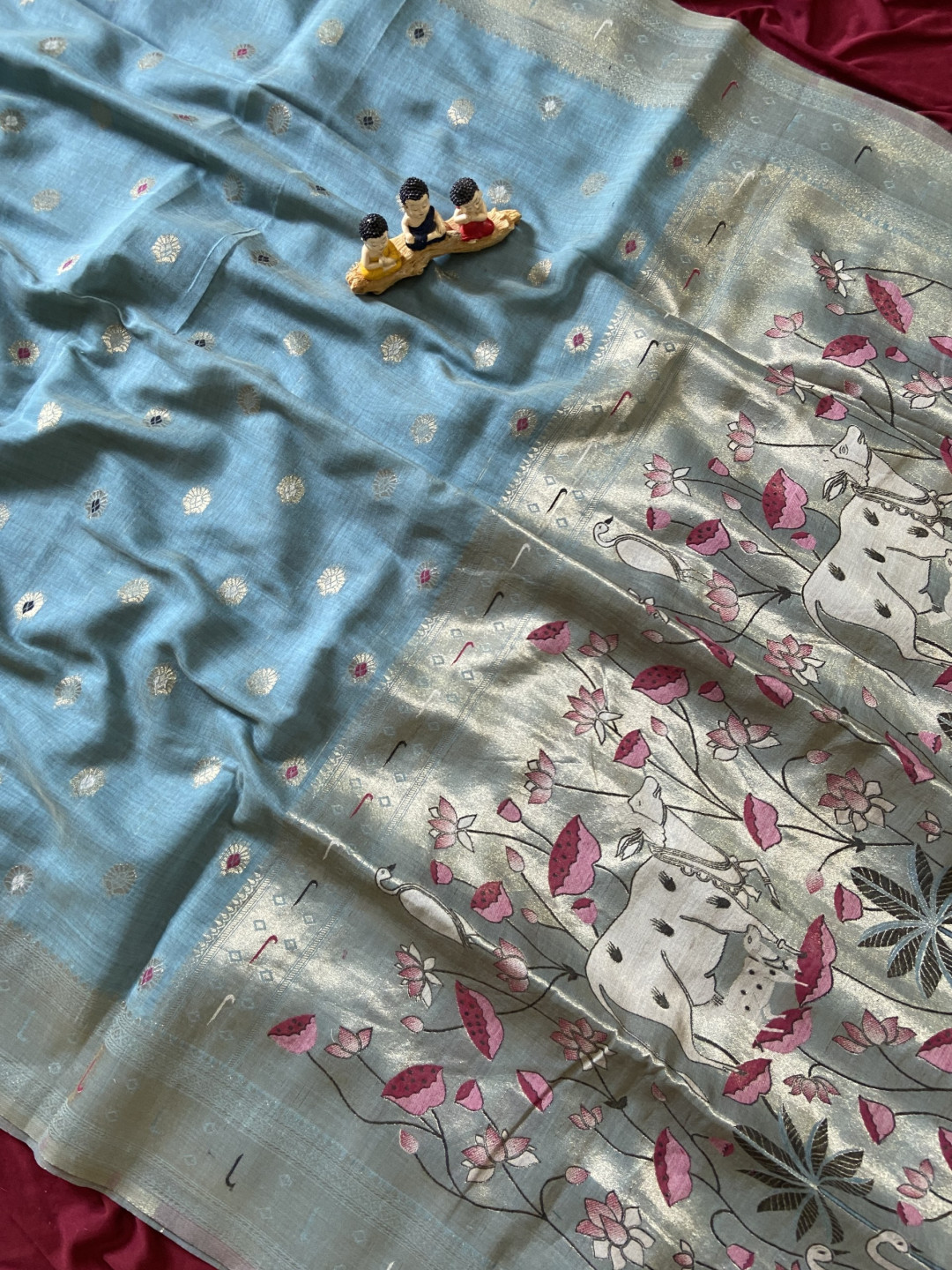 Premium Sky Blue Muga Cotton Paithani Saree with Pichwai Zari Weaving Pallu - Image 3
