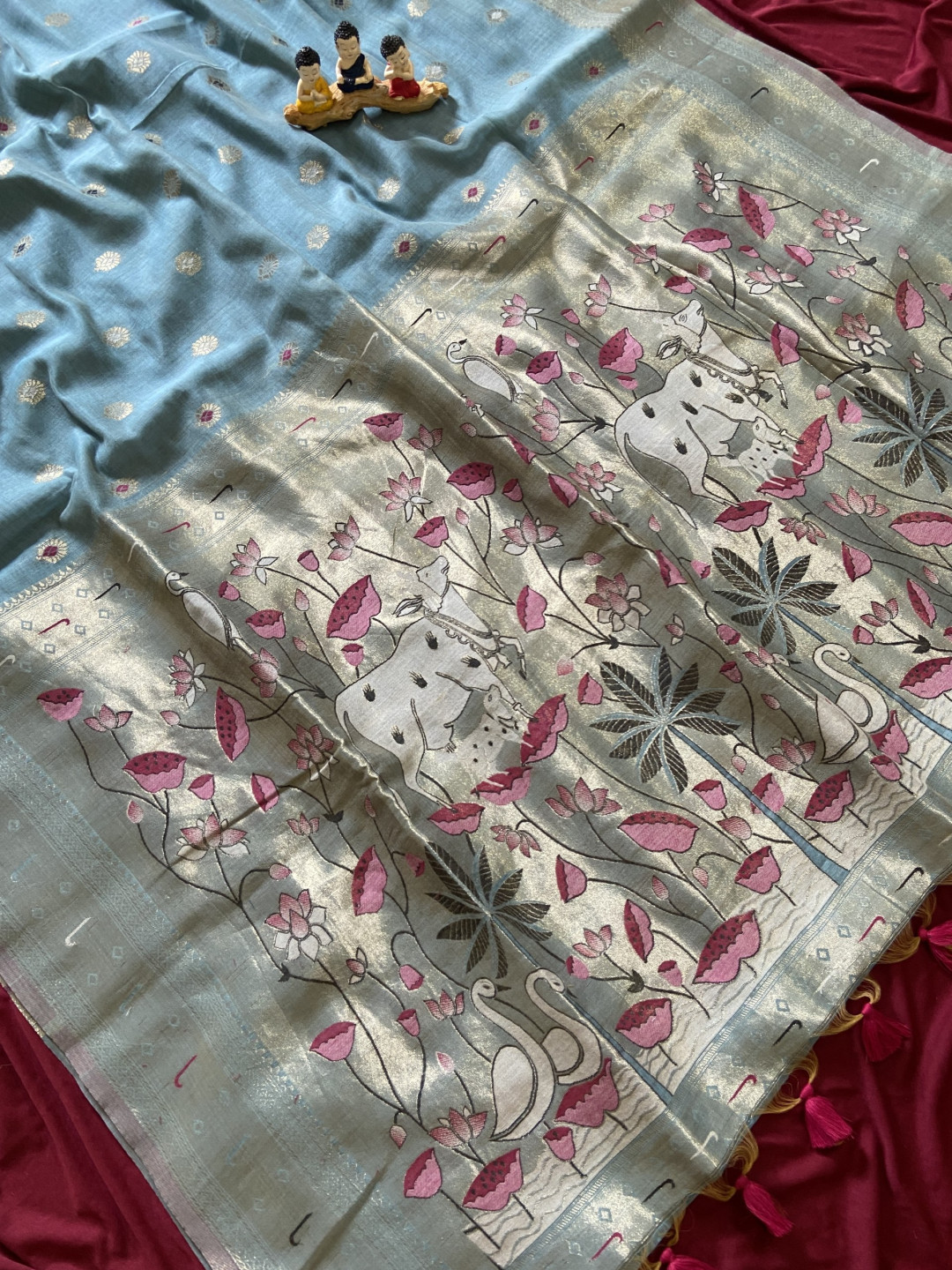 Premium Sky Blue Muga Cotton Paithani Saree with Pichwai Zari Weaving Pallu - Image 4