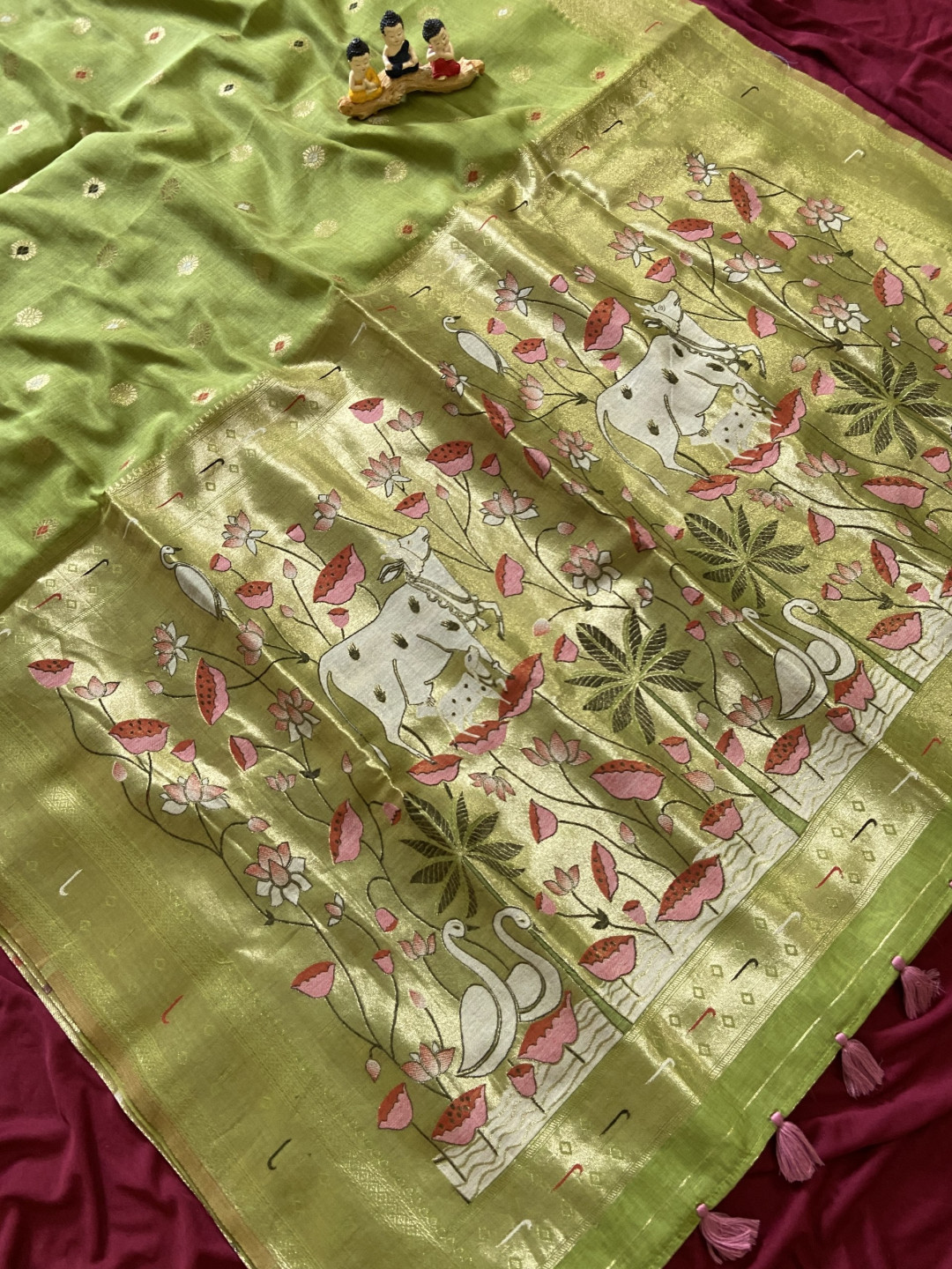 Premium Green Muga Cotton Paithani Saree with Pichwai Zari Weaving Pallu - Image 4