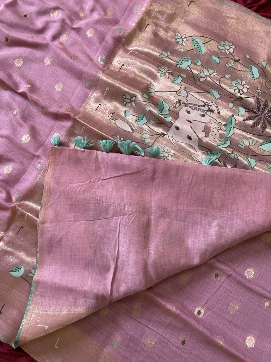 Premium Pink Muga Cotton Paithani Saree with Pichwai Zari Weaving Pallu - Image 3