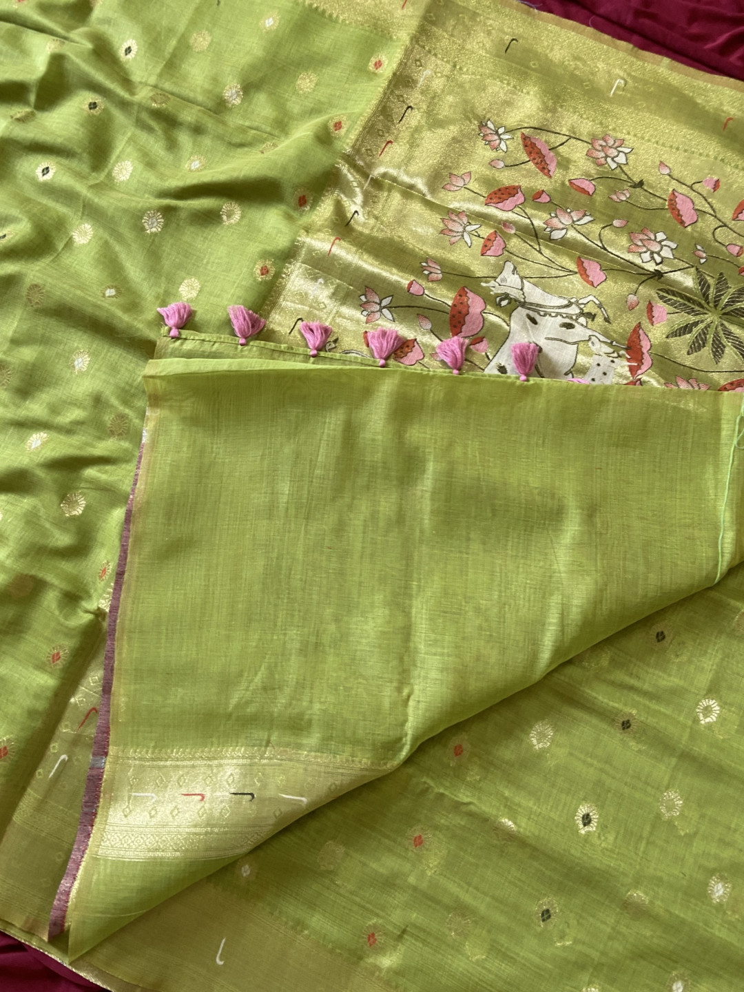 Premium Green Muga Cotton Paithani Saree with Pichwai Zari Weaving Pallu - Image 2
